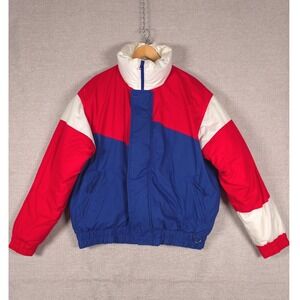 Vtg Snow Trails Duck Down Puffer Jacket Mens Sz XL Red Blue Ski Bomber Coat 90s